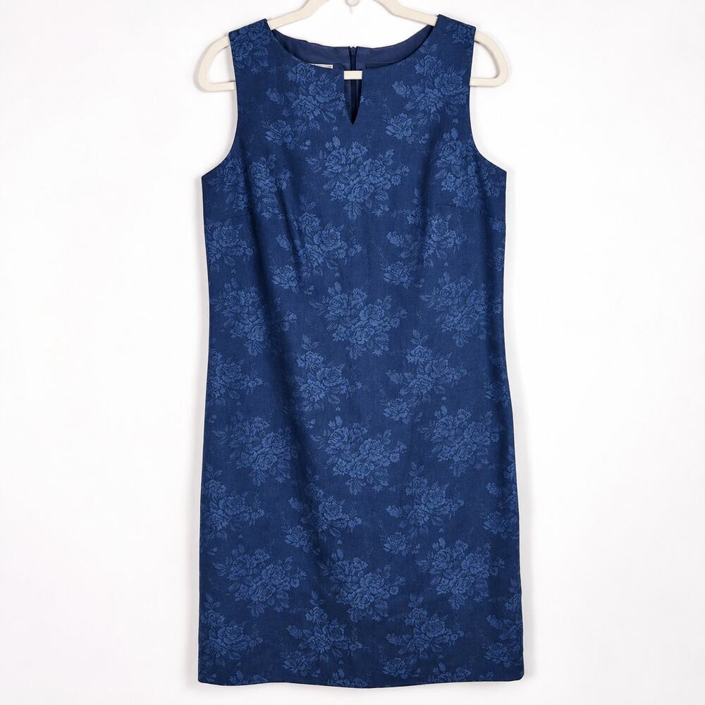 Talbots Blue‎ Floral Jacquard Linen Blend Sleeveless Dress 10 Preppy Careerwear